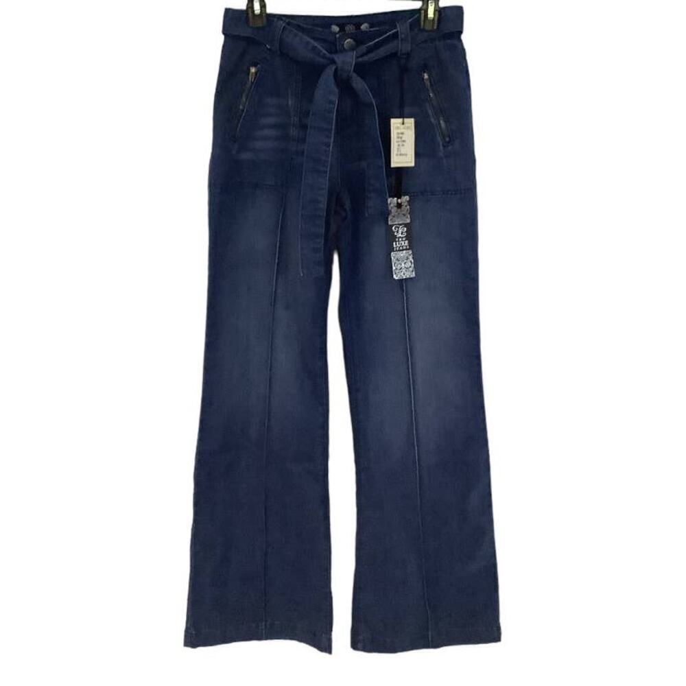 Tru Luxe Jeans Blue Medium Wash Denim Belt High Rise Flare Leg Jeans‎ Size 26